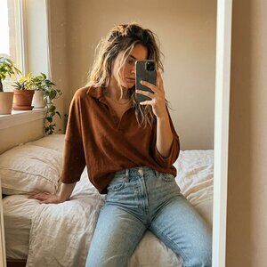 Crown & Ivy Brown V Neck Tunic Shirt Preppy Relaxed Fit Drop Sleeve Size M